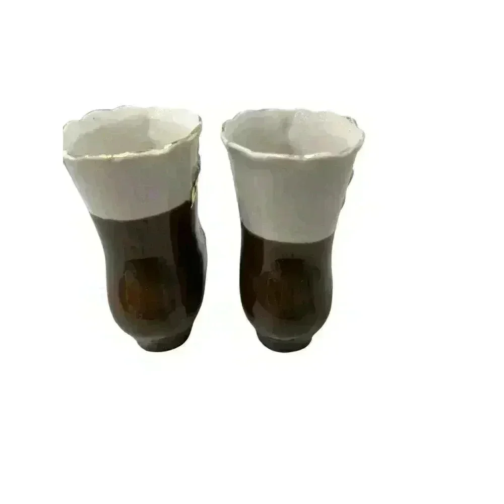 Set of Vintage Porcelain Miniature Shoe Vases Brown with Applied Flowers 3